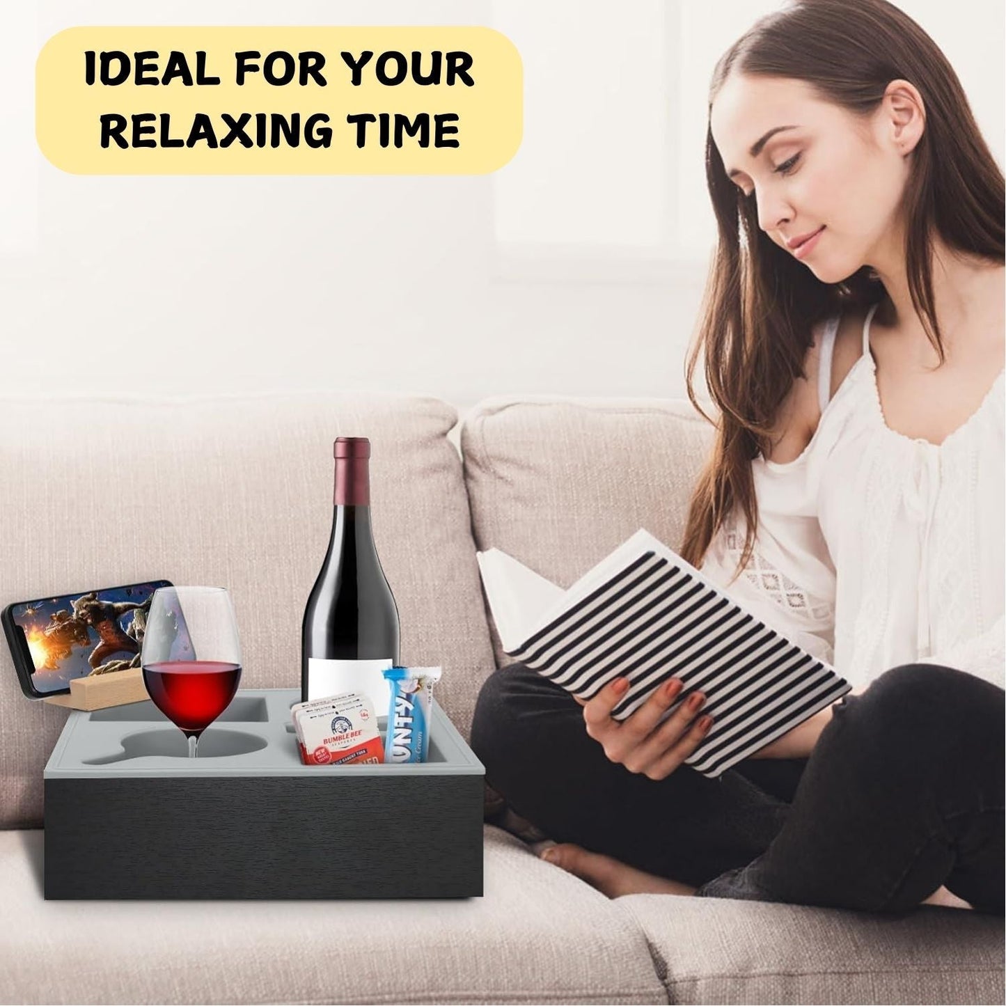 Carla Home Couch Cup Holder Tray With Soft Silicone & Rotatable Phone For Storaging Drinks Snacks