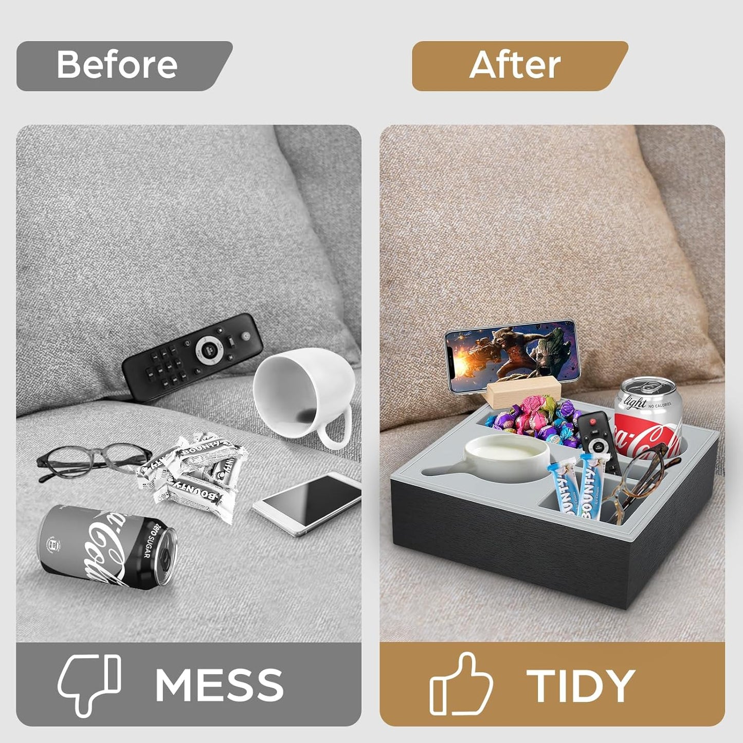 Carla Home Couch Cup Holder Tray With Soft Silicone & Rotatable Phone For Storaging Drinks Snacks