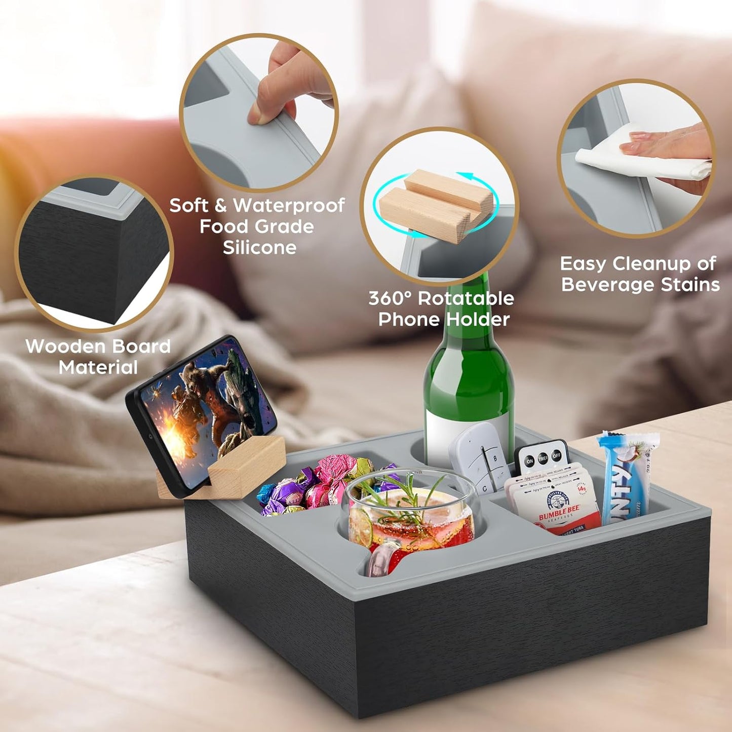 Carla Home Couch Cup Holder Tray With Soft Silicone & Rotatable Phone For Storaging Drinks Snacks