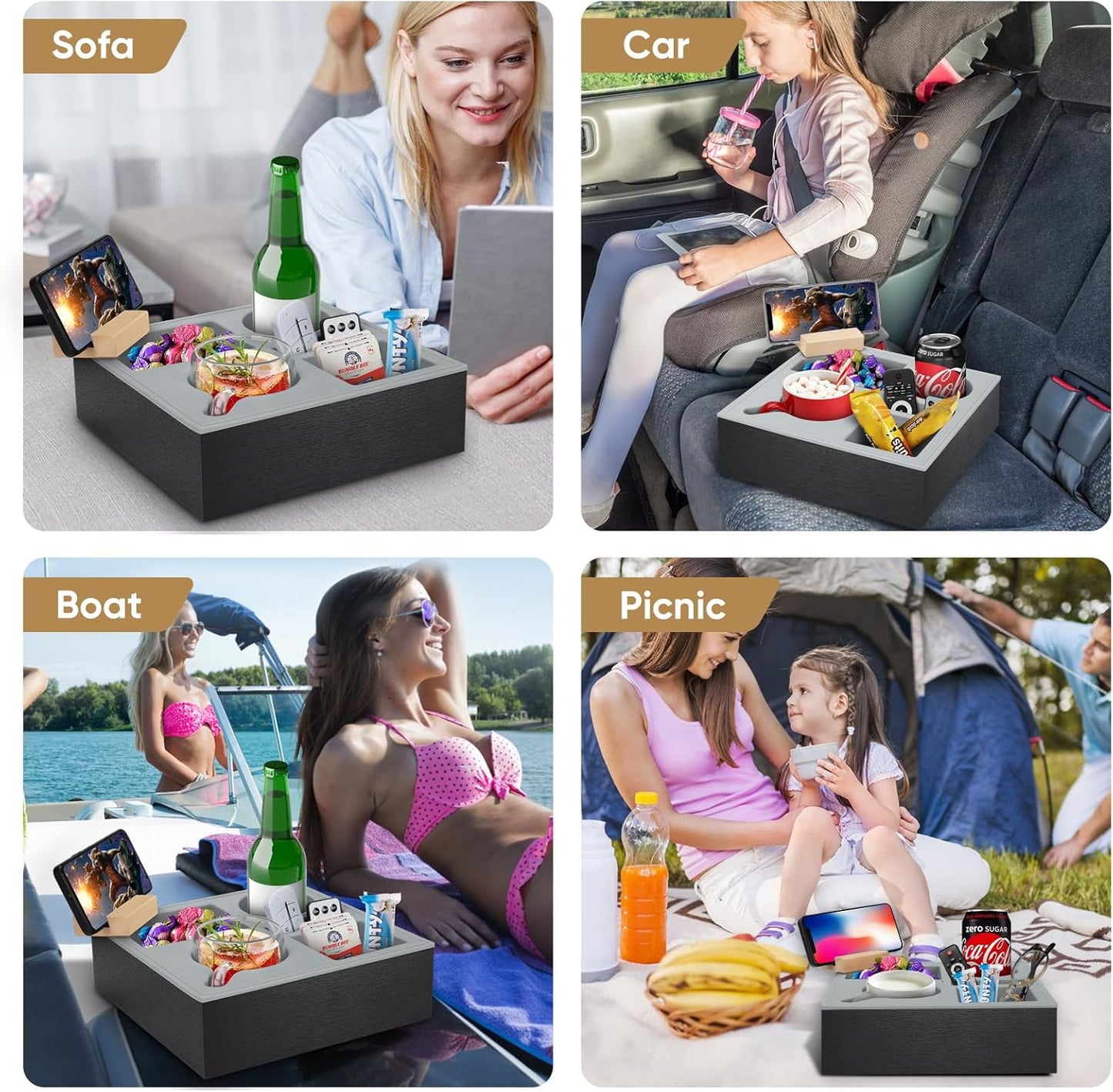 Carla Home Couch Cup Holder Tray With Soft Silicone & Rotatable Phone For Storaging Drinks Snacks