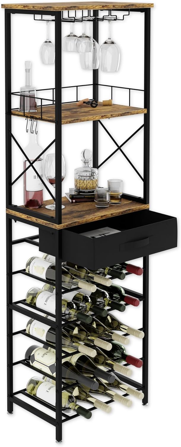 Carla Home Freestanding Wine Rack For 20 Bottles With Wood Countertop And Sturdy Metal Frame