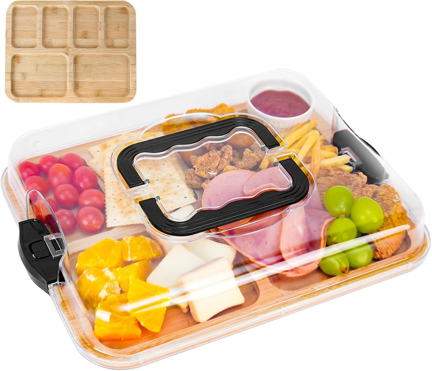 Carla Home Bamboo Charcuterie Board With Lid & Handle Ideal Gift For Kitchen Party Picnic (6 Compartments)