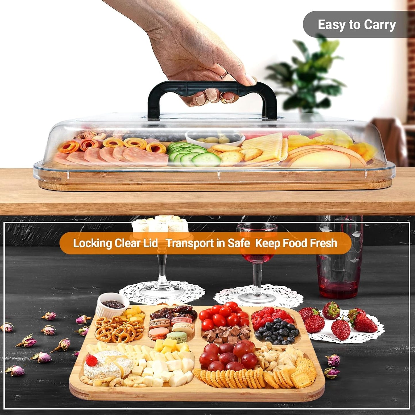 Carla Home Bamboo Charcuterie Board With Lid & Handle Ideal Gift For Kitchen Party Picnic (6 Compartments)