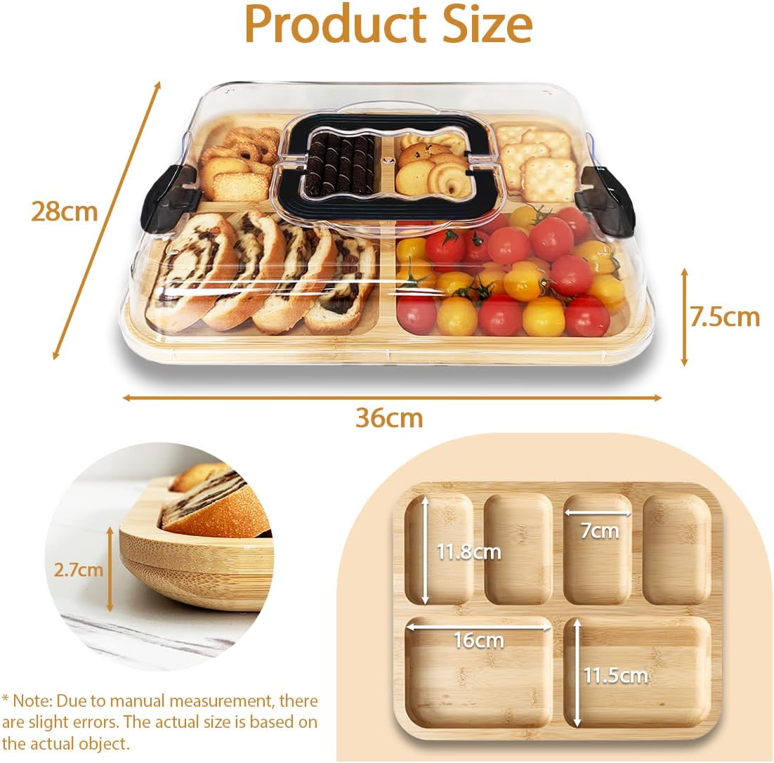 Carla Home Bamboo Charcuterie Board With Lid & Handle Ideal Gift For Kitchen Party Picnic (6 Compartments)