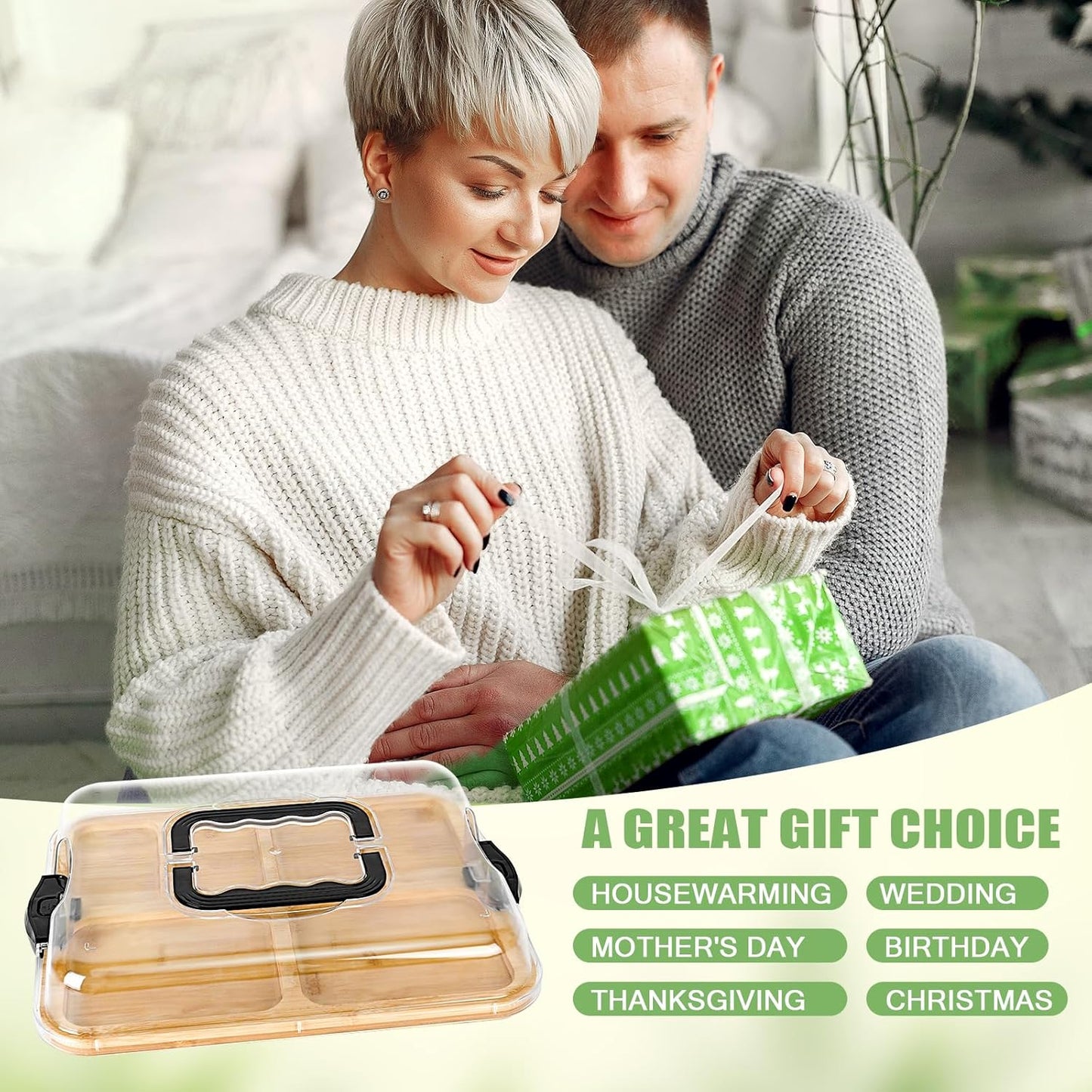 Carla Home Bamboo Charcuterie Board With Lid & Handle Ideal Gift For Kitchen Party Picnic (6 Compartments)