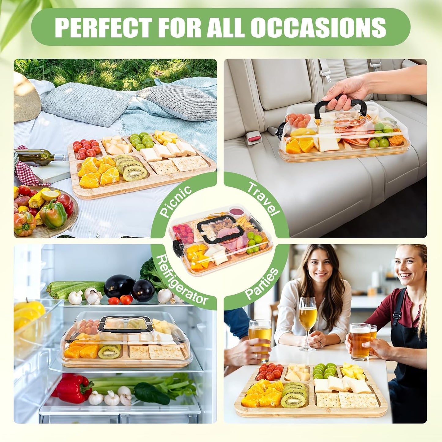 Carla Home Bamboo Charcuterie Board With Lid & Handle Ideal Gift For Kitchen Party Picnic (6 Compartments)