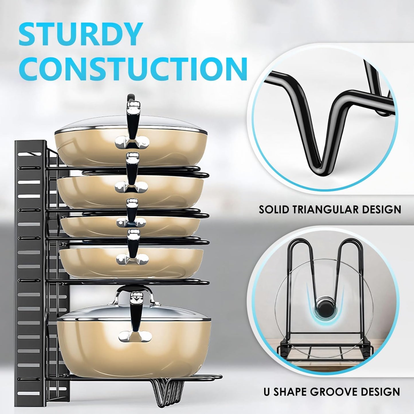 Carla Home Adjustable 8 Tier Pan Rack Pot Organizer For Kitchen Cabinet