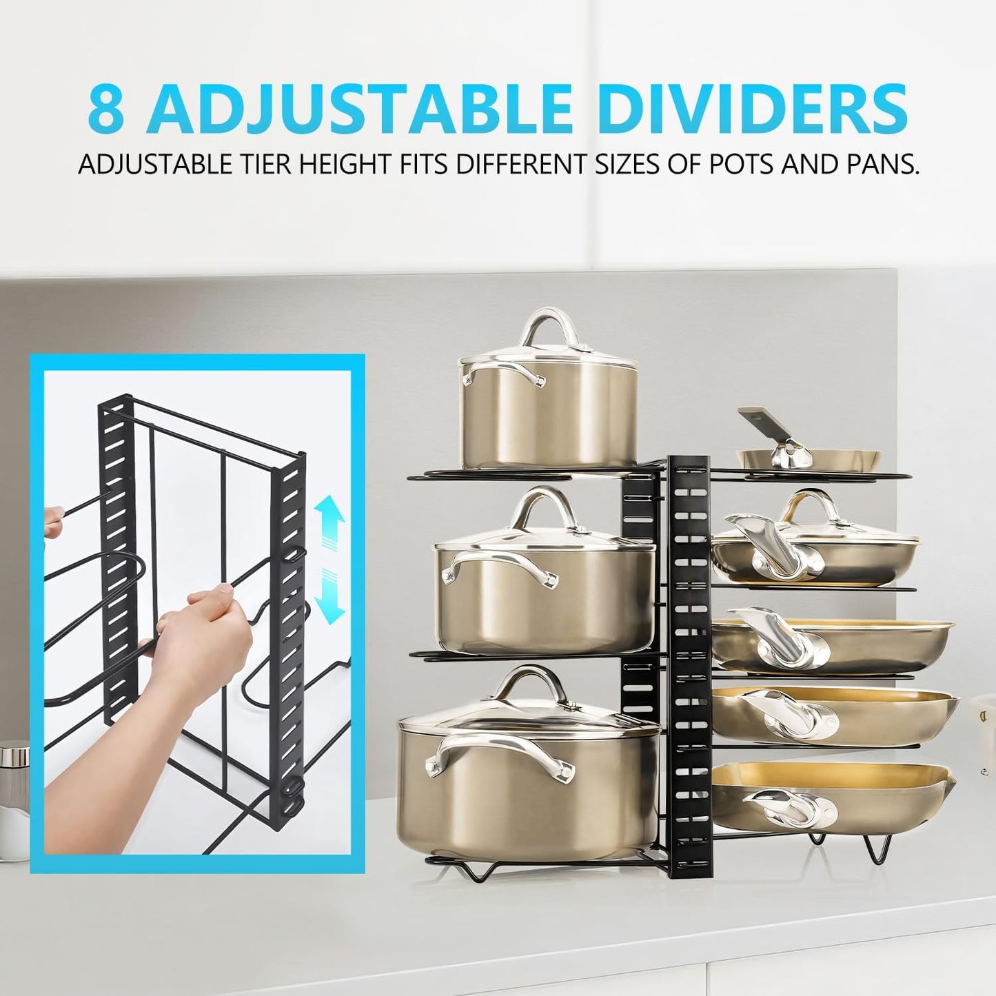 Carla Home Adjustable 8 Tier Pan Rack Pot Organizer For Kitchen Cabinet