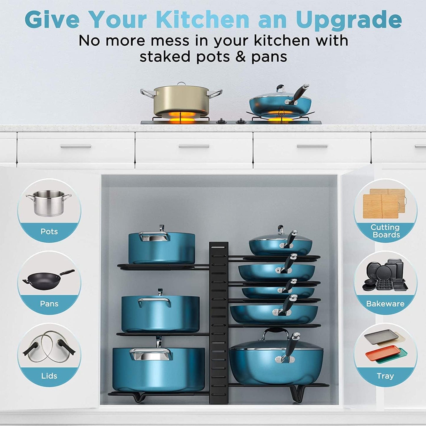 Carla Home Adjustable 8 Tier Pan Rack Pot Organizer For Kitchen Cabinet