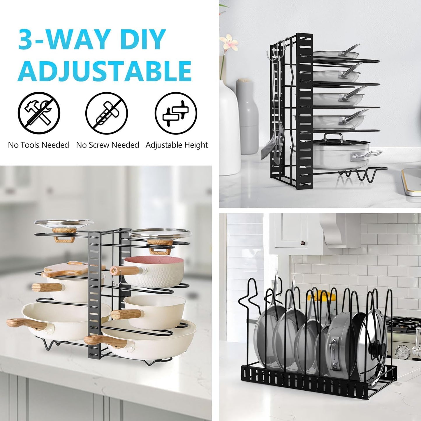 Carla Home Adjustable 8 Tier Pan Rack Pot Organizer For Kitchen Cabinet