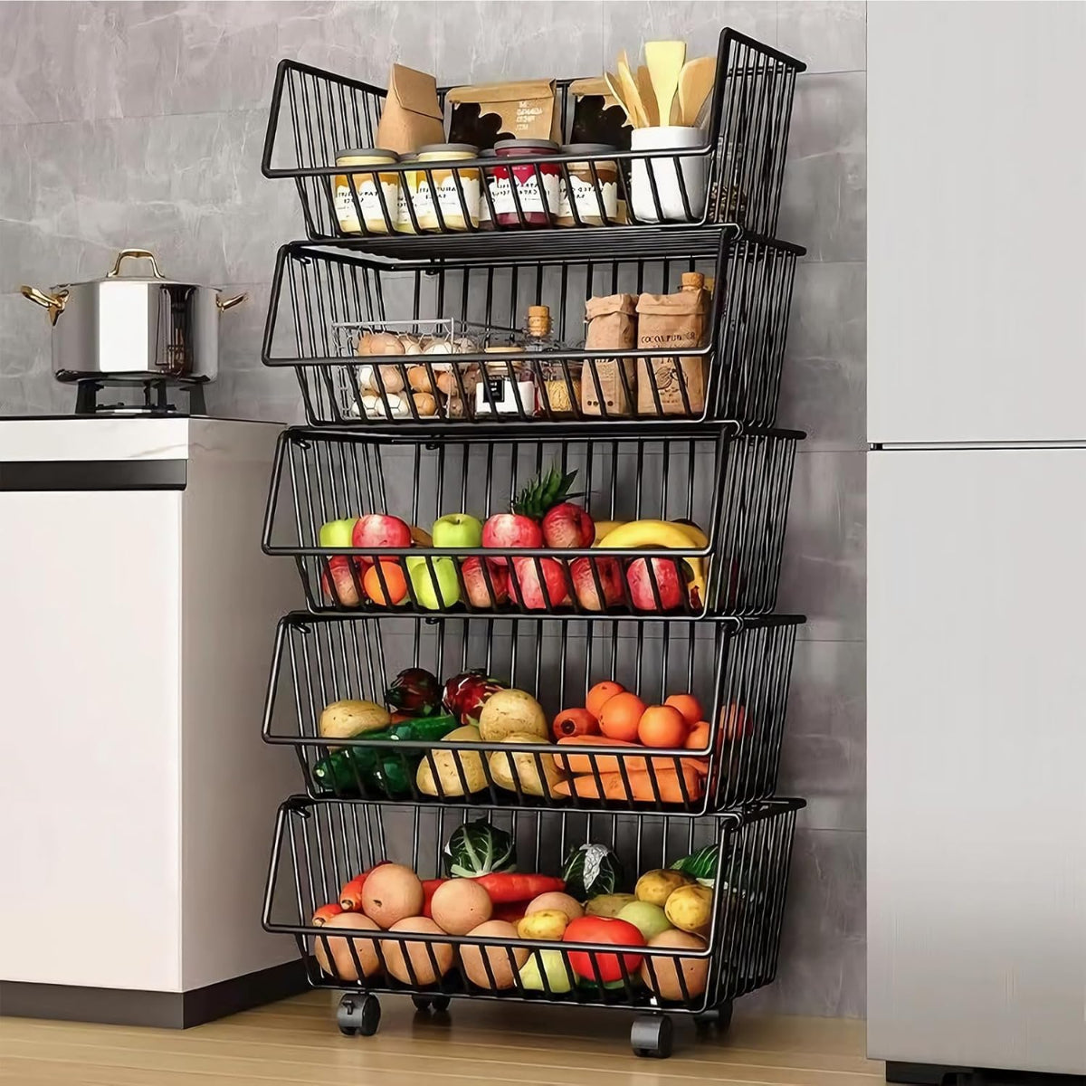 Carla Home Metal 5 Tier Rolling Vegetable And Fruit Basket Cart Stand For Kitchen