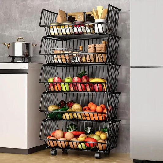 Carla Home Metal 5 Tier Rolling Vegetable And Fruit Basket Cart Stand For Kitchen