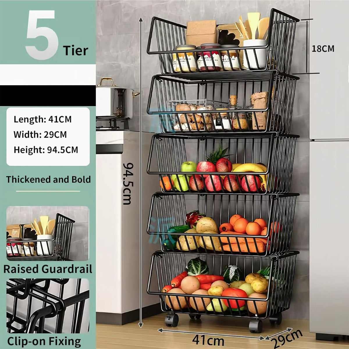 Carla Home Metal 5 Tier Rolling Vegetable And Fruit Basket Cart Stand For Kitchen