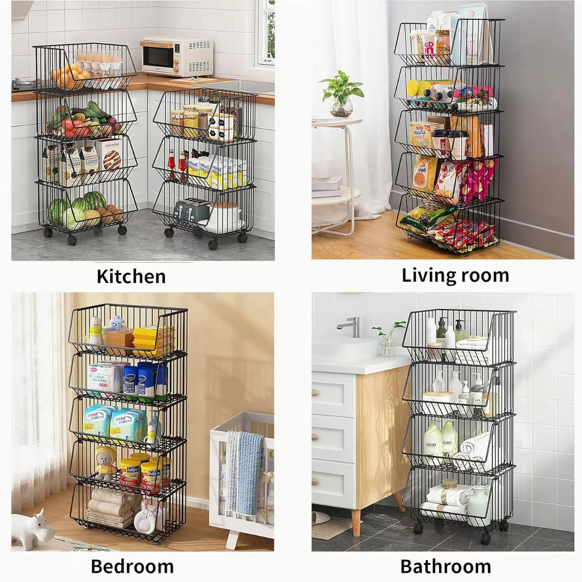 Carla Home Metal 5 Tier Rolling Vegetable And Fruit Basket Cart Stand For Kitchen