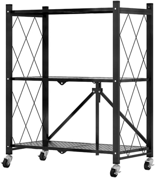 Carla Home 3 Tier Foldable Storage Shelf With Wheels For Kitchen Garage Pantry Or Basement (Black)