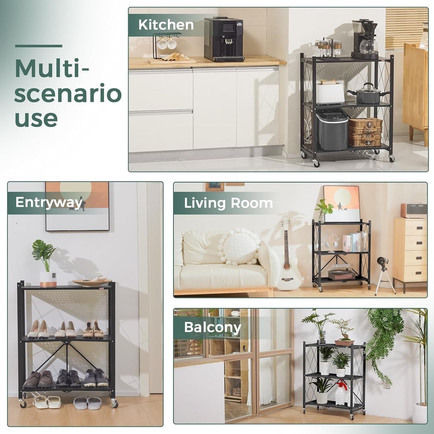 Carla Home 3 Tier Foldable Storage Shelf With Wheels For Kitchen Garage Pantry Or Basement (Black)