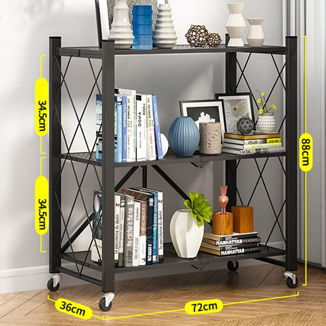 Carla Home 3 Tier Foldable Storage Shelf With Wheels For Kitchen Garage Pantry Or Basement (Black)