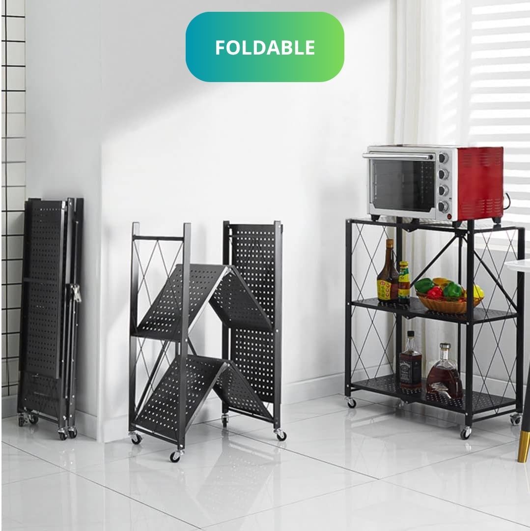 Carla Home 3 Tier Foldable Storage Shelf With Wheels For Kitchen Garage Pantry Or Basement (Black)
