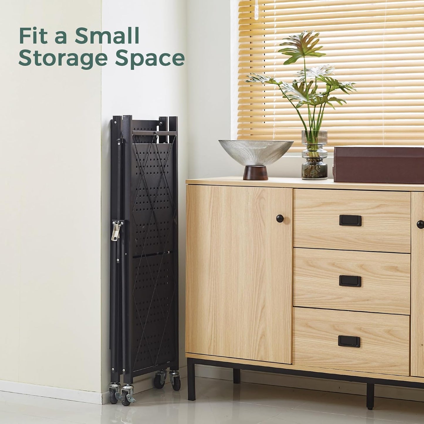 Carla Home 3 Tier Foldable Storage Shelf With Wheels For Kitchen Garage Pantry Or Basement (Black)