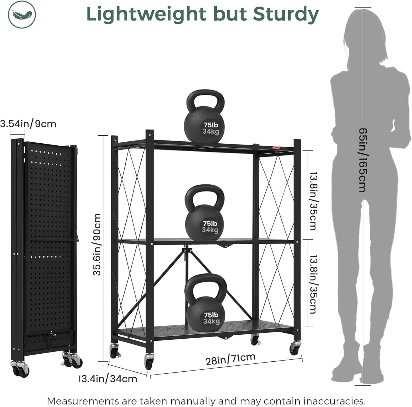 Carla Home 3 Tier Foldable Storage Shelf With Wheels For Kitchen Garage Pantry Or Basement (Black)