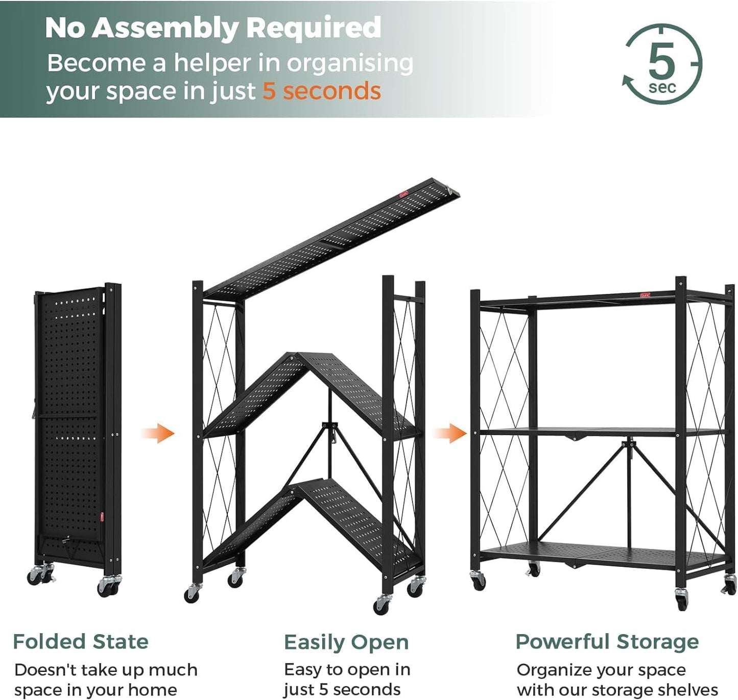 Carla Home 3 Tier Foldable Storage Shelf With Wheels For Kitchen Garage Pantry Or Basement (Black)