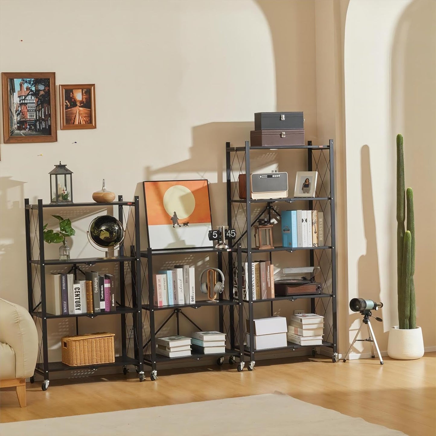 Carla Home 3 Tier Foldable Storage Shelf With Wheels For Kitchen Garage Pantry Or Basement (Black)