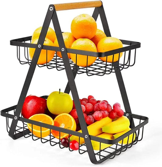 Carla Home 2 Tier Fruit Basket Stand For Kitchen Countertop Fruits Vegetables Bread & Snacks With Wooden Handle