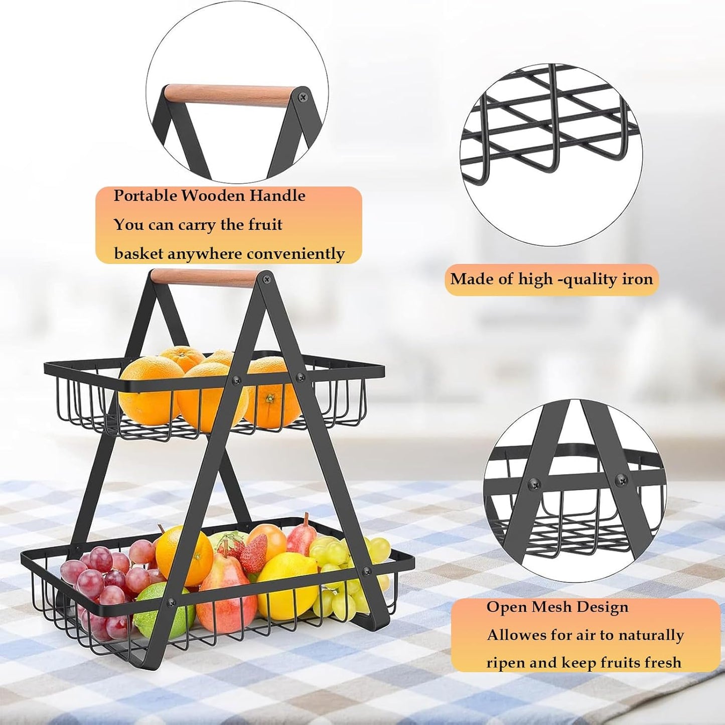 Carla Home 2 Tier Fruit Basket Stand For Kitchen Countertop Fruits Vegetables Bread & Snacks With Wooden Handle
