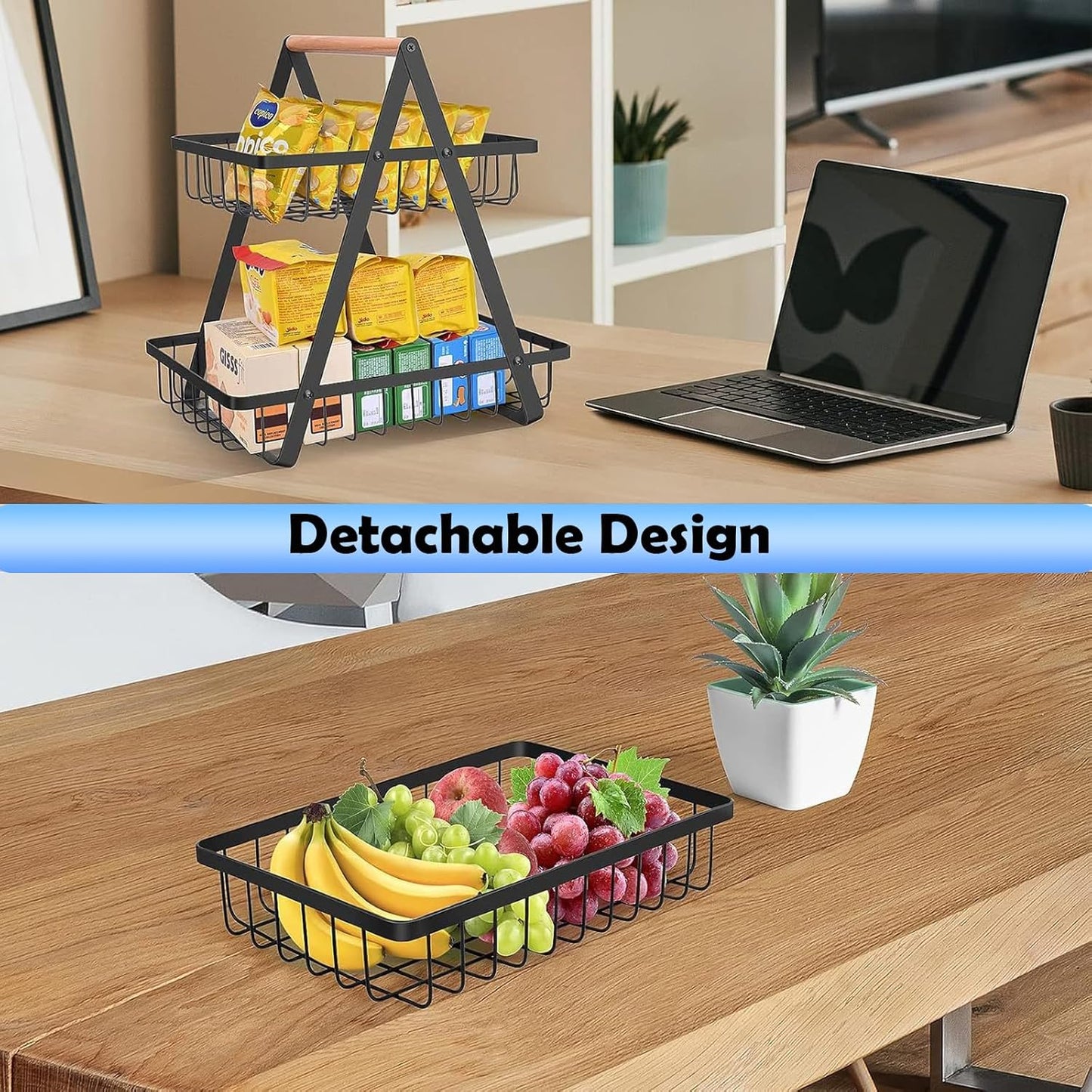 Carla Home 2 Tier Fruit Basket Stand For Kitchen Countertop Fruits Vegetables Bread & Snacks With Wooden Handle