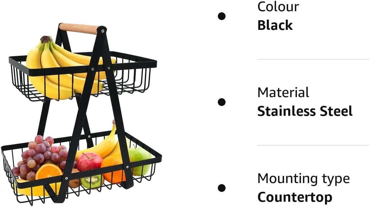 Carla Home 2 Tier Fruit Basket Stand For Kitchen Countertop Fruits Vegetables Bread & Snacks With Wooden Handle