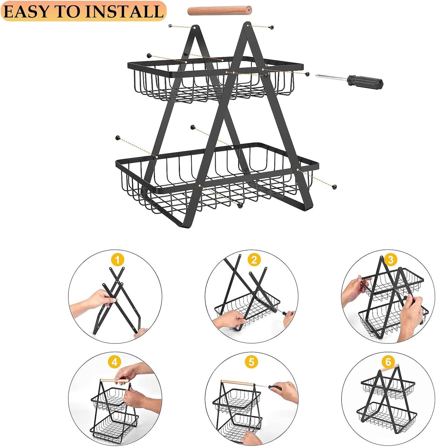Carla Home 2 Tier Fruit Basket Stand For Kitchen Countertop Fruits Vegetables Bread & Snacks With Wooden Handle