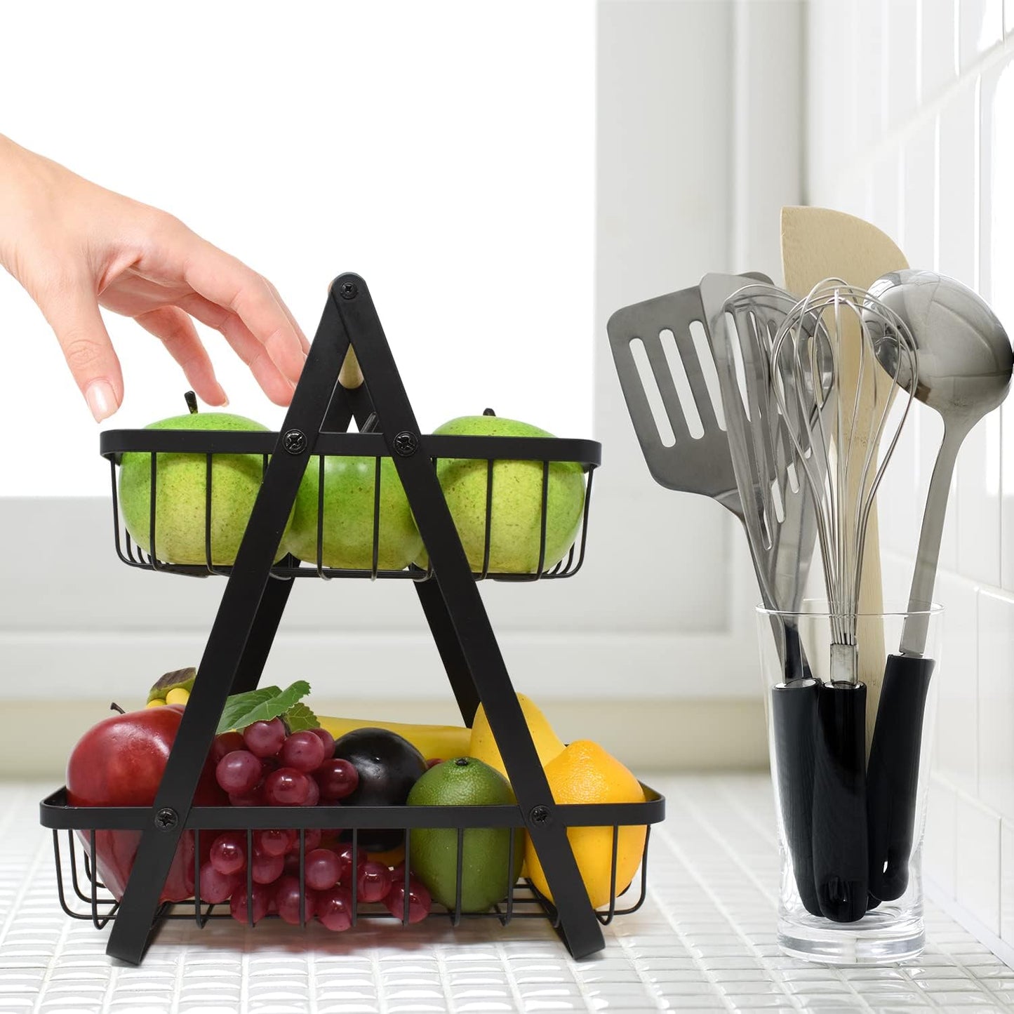 Carla Home 2 Tier Fruit Basket Stand For Kitchen Countertop Fruits Vegetables Bread & Snacks With Wooden Handle