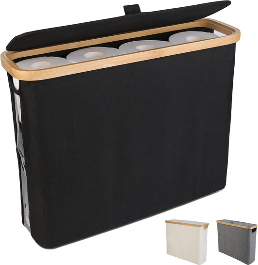 Carla Home Toilet Paper Storage Basket Holds Up 12 Rolls With Bamboo Lid And Handle For Rv Closet (Black)