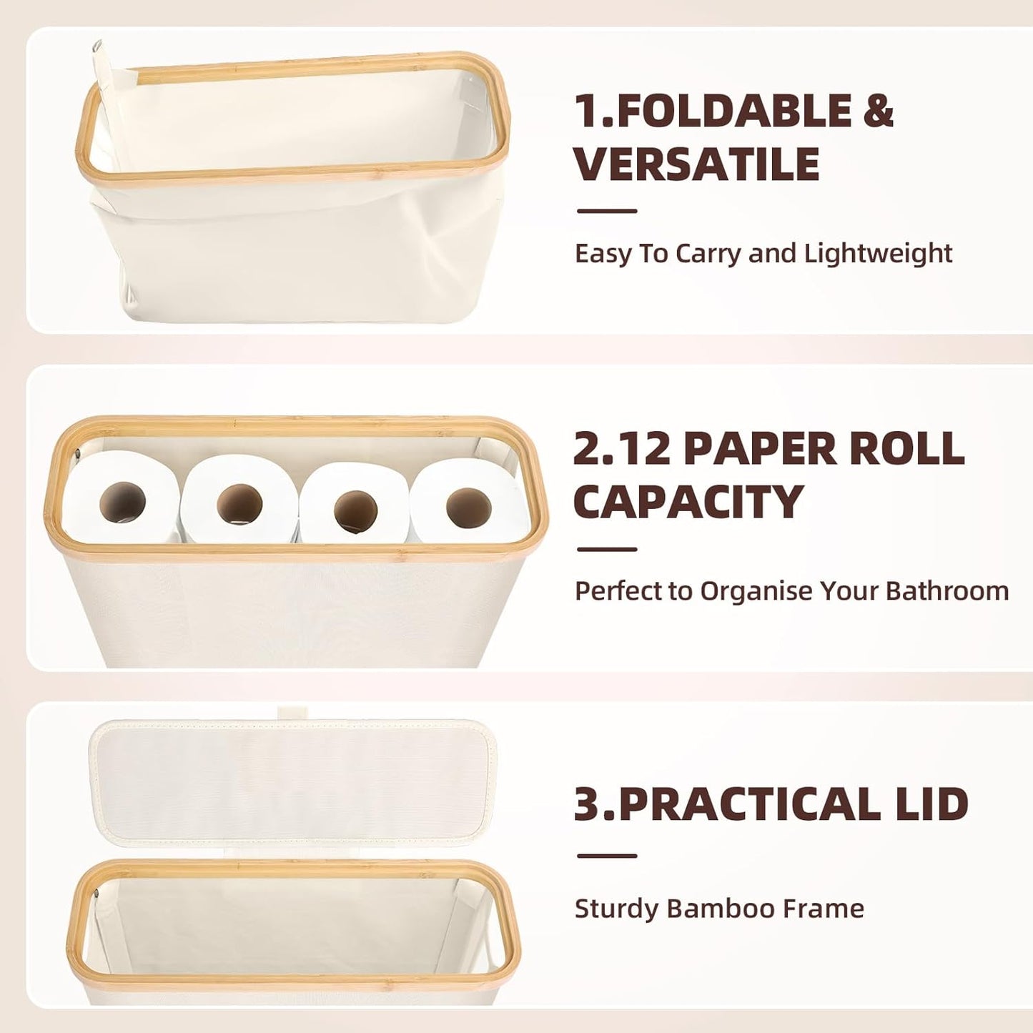 Carla Home Toilet Paper Storage Basket Holds Up 12 Rolls With Bamboo Lid And Handle For Rv Closet (Black)