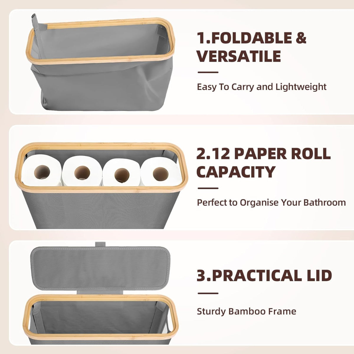 Carla Home Toilet Paper Storage Basket Holds Up 12 Rolls With Bamboo Lid And Handle For Rv Closet (Grey)