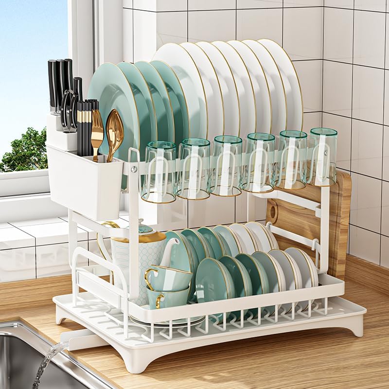 Carla Home 2 Tier Dish Drying Rack With Drainage Tray Utensil Holder Cup Hooks & Cutting Board Slot For Countertop Kitch