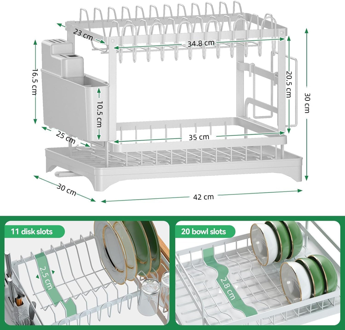 Carla Home 2 Tier Dish Drying Rack With Drainage Tray Utensil Holder Cup Hooks & Cutting Board Slot For Countertop Kitch