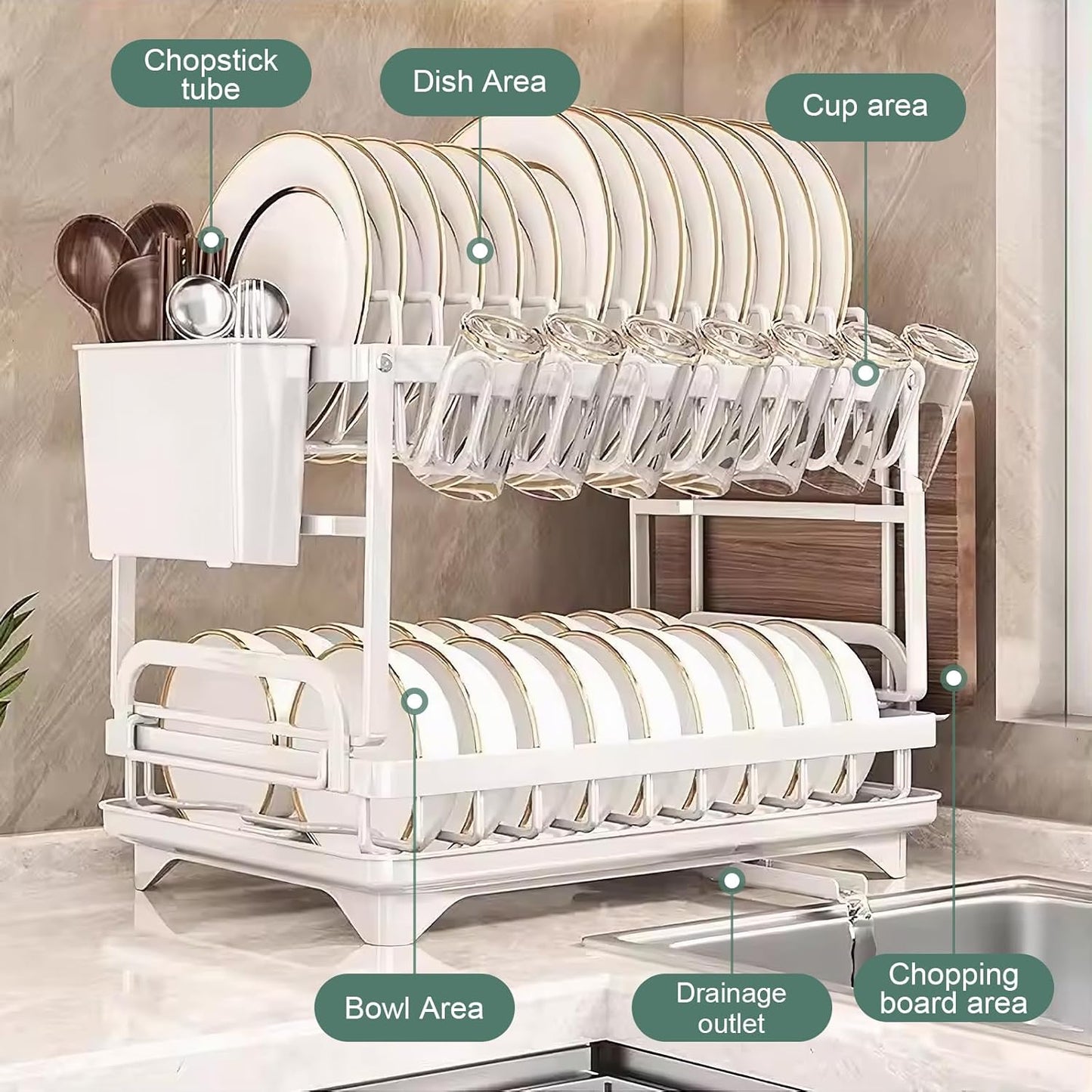 Carla Home 2 Tier Dish Drying Rack With Drainage Tray Utensil Holder Cup Hooks & Cutting Board Slot For Countertop Kitch