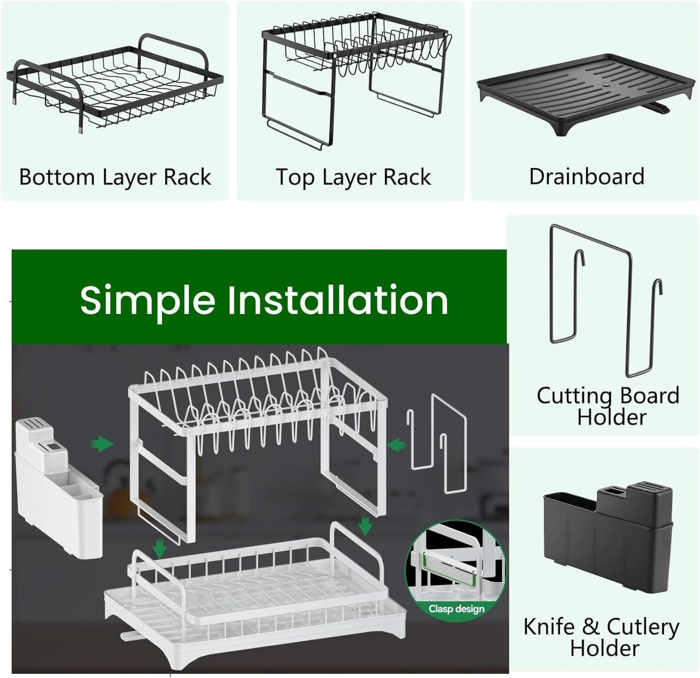 Carla Home 2 Tier Dish Drying Rack With Drainage Tray Utensil Holder Cup Hooks & Cutting Board Slot For Countertop Kitch