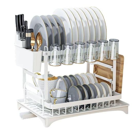Carla Home 2 Tier Dish Drying Rack With Drainage Tray Utensil Holder Cup Hooks & Cutting Board Slot For Countertop Kitch