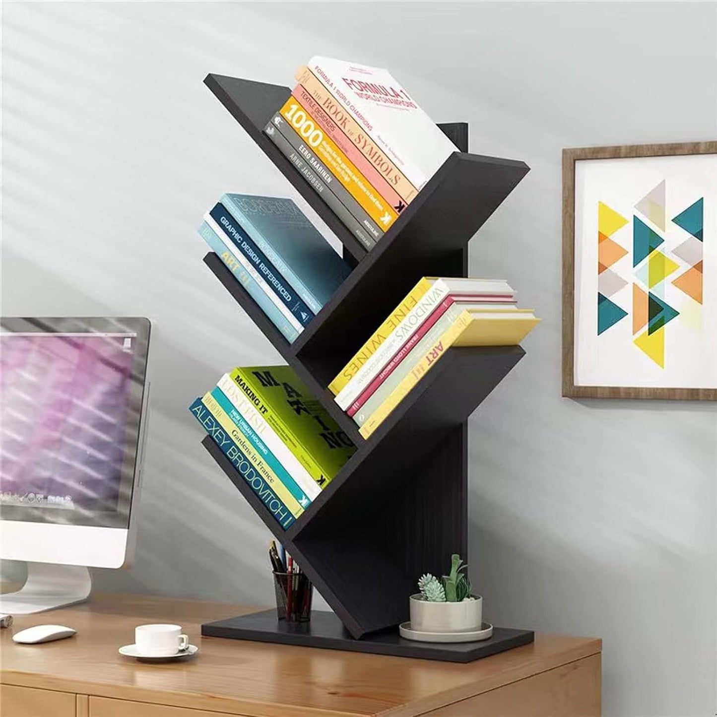 Carla Home 5 Tier Tree Bookshelf Storage Rack For Office Or Bedroom (Black)
