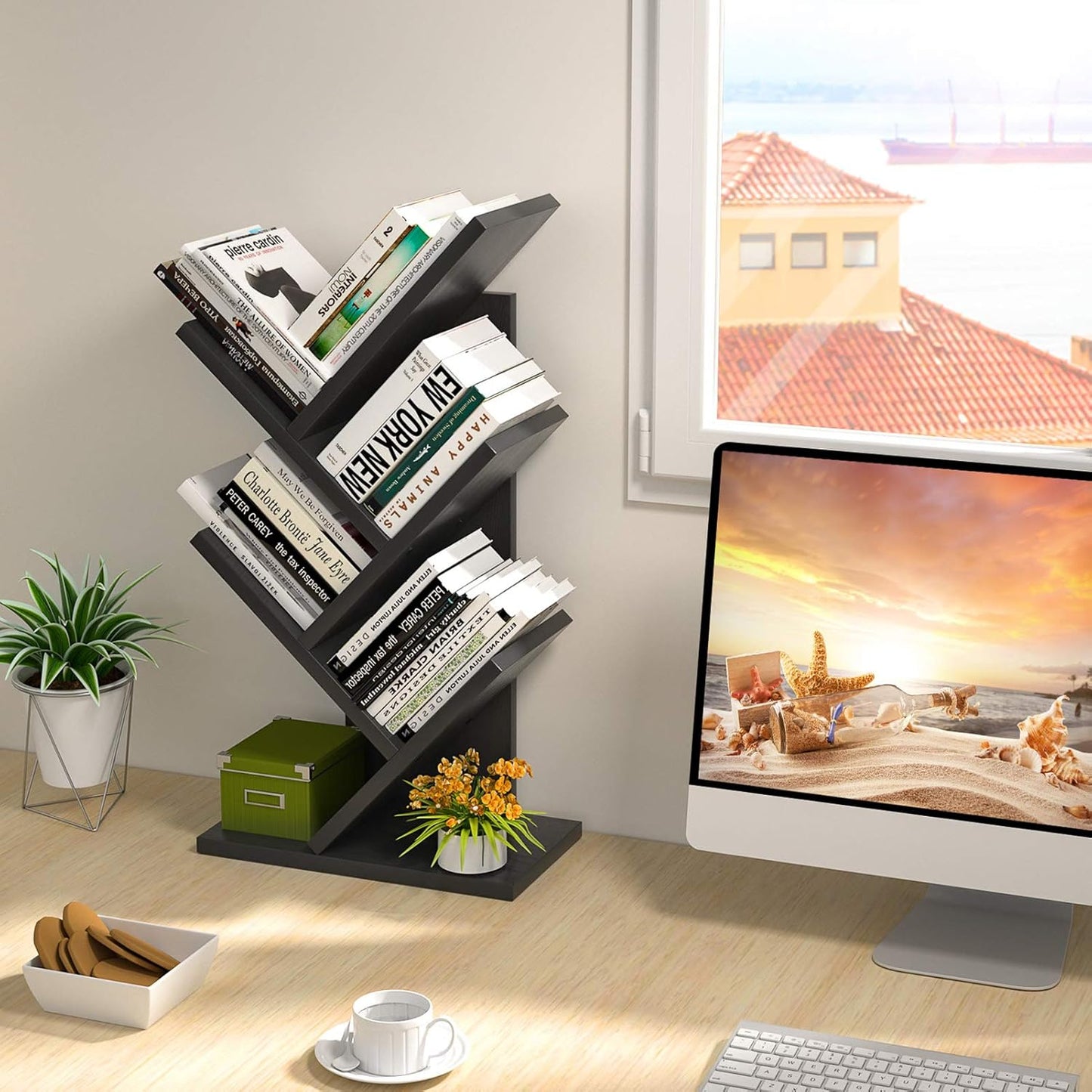 Carla Home 5 Tier Tree Bookshelf Storage Rack For Office Or Bedroom (Black)