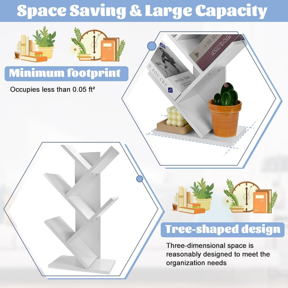 Carla Home 5 Tier Tree Bookshelf Storage Rack For Office Or Bedroom (White)