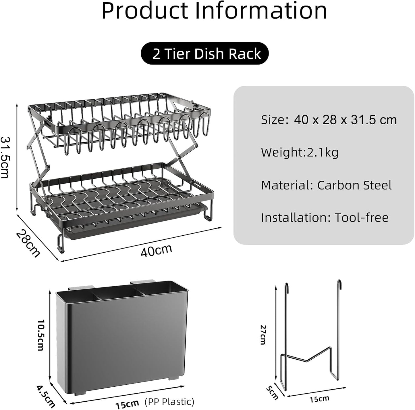 Carla Home 2 Tier Dish Drying Rack With Drainage Tray Utensil Holder Cup Hooks & Cutting Board For Kitchen (Black)