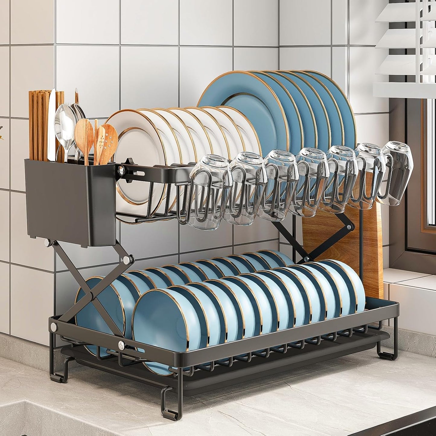 Carla Home 2 Tier Dish Drying Rack With Drainage Tray Utensil Holder Cup Hooks & Cutting Board For Kitchen (Black)