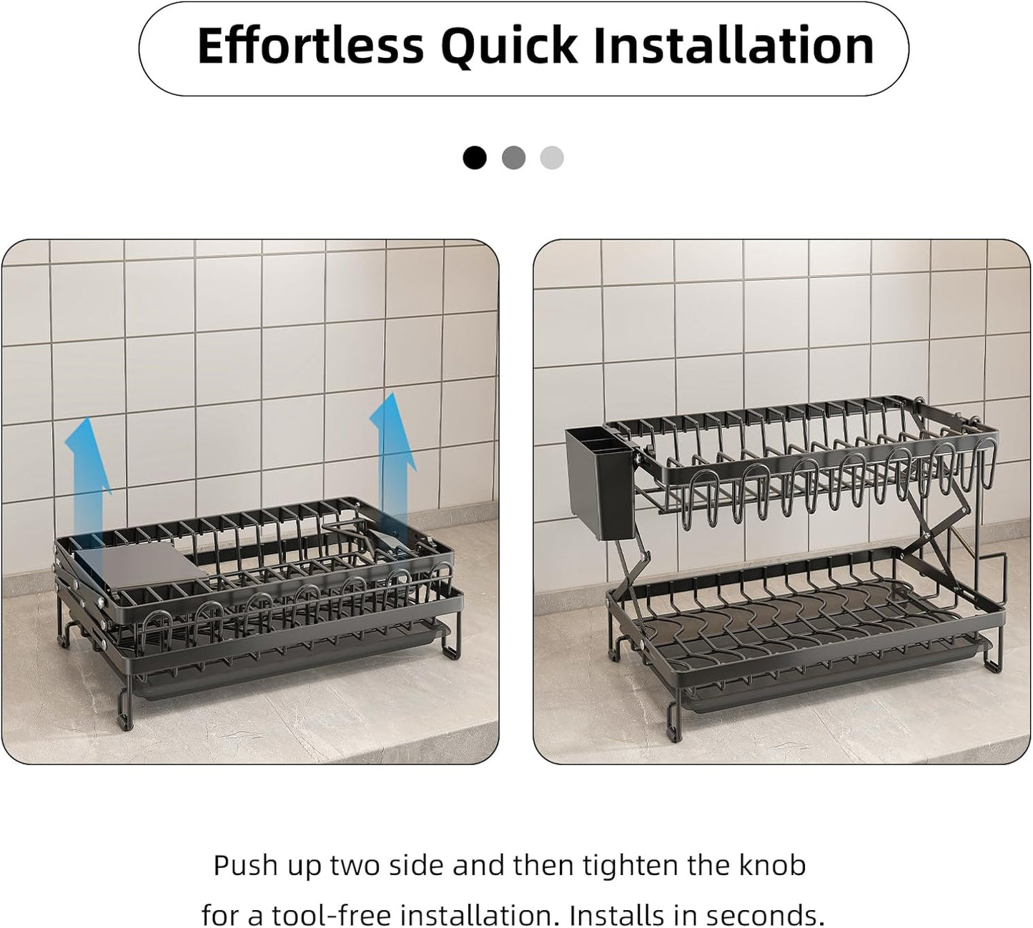 Carla Home 2 Tier Dish Drying Rack With Drainage Tray Utensil Holder Cup Hooks & Cutting Board For Kitchen (Black)