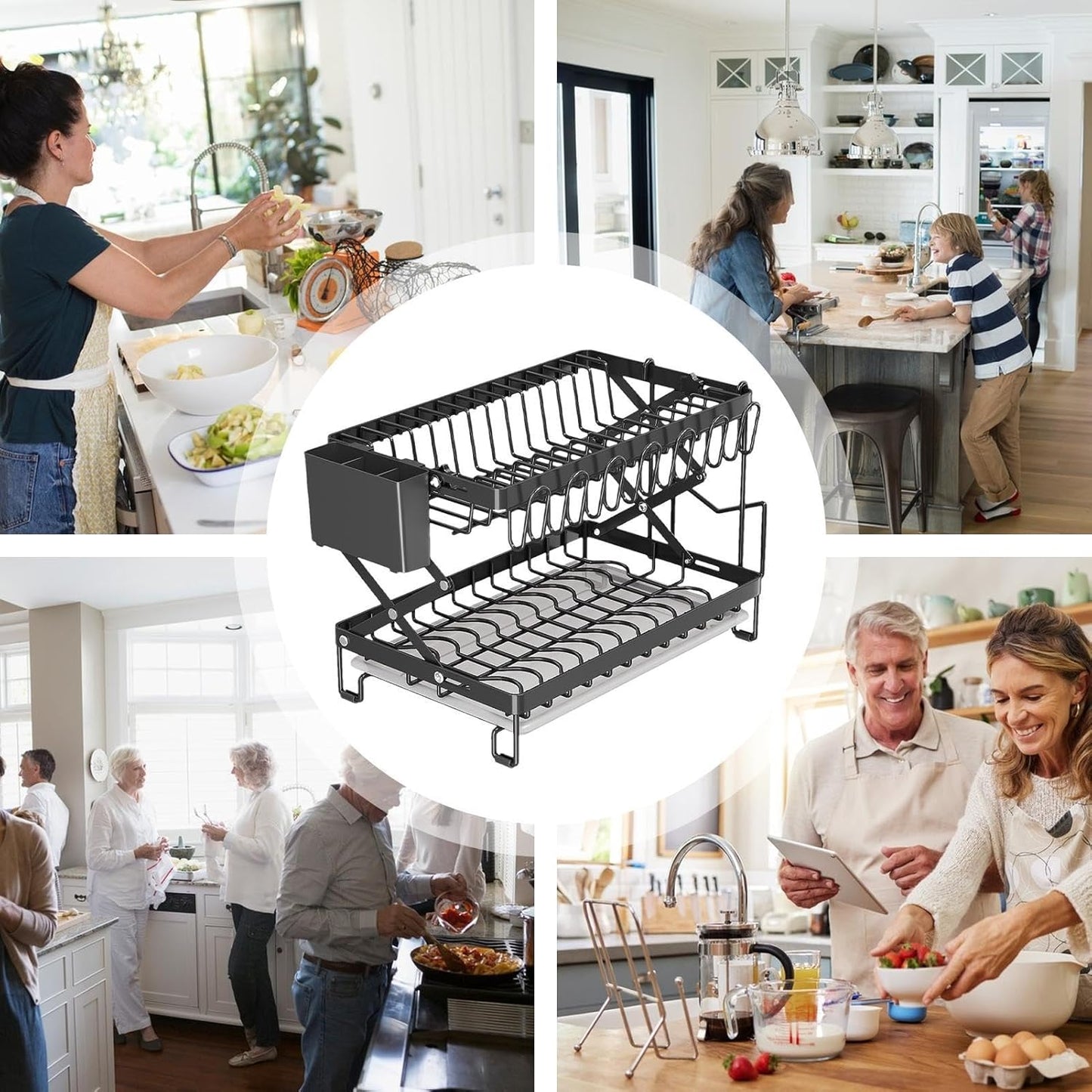 Carla Home 2 Tier Dish Drying Rack With Drainage Tray Utensil Holder Cup Hooks & Cutting Board For Kitchen (Black)