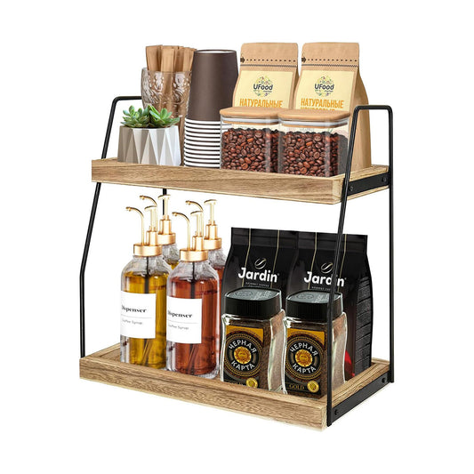 Carla Home 2 Tier Wooden Coffee Station Rack Organiser For Bar Condiments Syrups Storage Jars & Spice Shelf