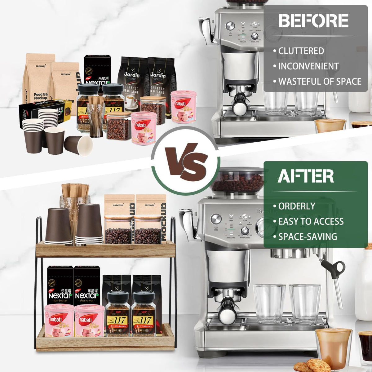 Carla Home 2 Tier Wooden Coffee Station Rack Organiser For Bar Condiments Syrups Storage Jars & Spice Shelf
