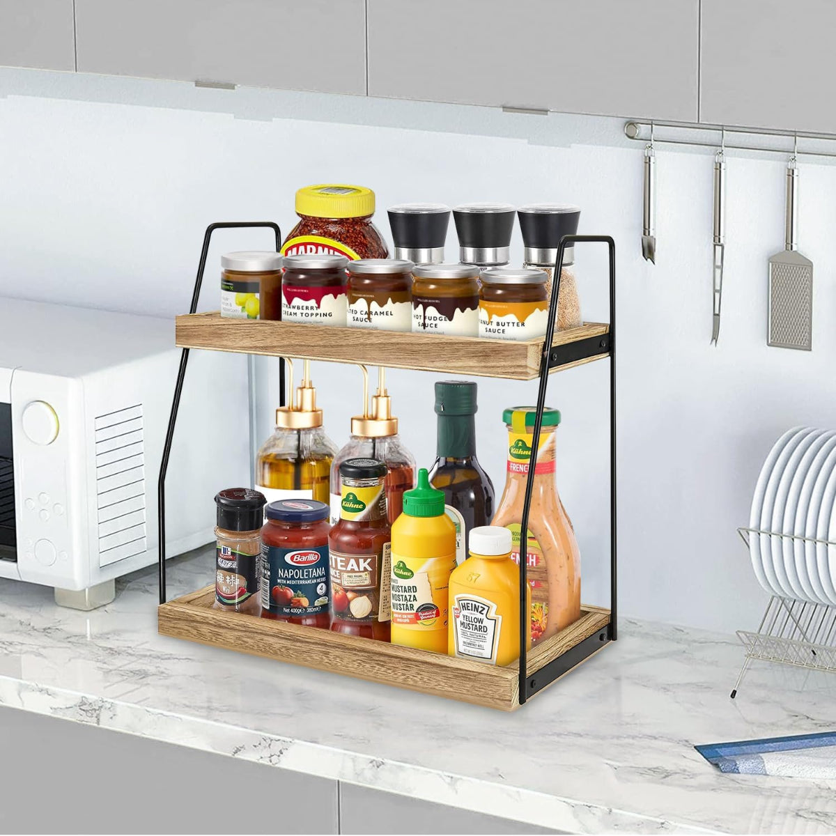 Carla Home 2 Tier Wooden Coffee Station Rack Organiser For Bar Condiments Syrups Storage Jars & Spice Shelf